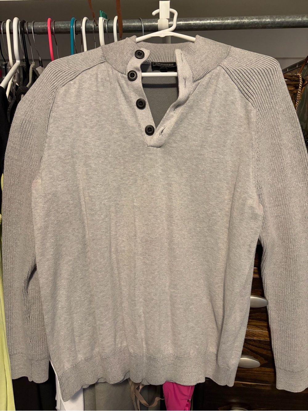 Express Light Gray Button-Neck Men's Cardigan Sweater